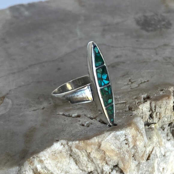 Sterling Silver 925 Southwest Style Elongated Turquoise Chip Inlay Ring Sz 5.5 - Picture 7 of 16